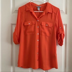 H&M orange button-down shirt blouse with adjustable cuffed sleeves (US 8)
